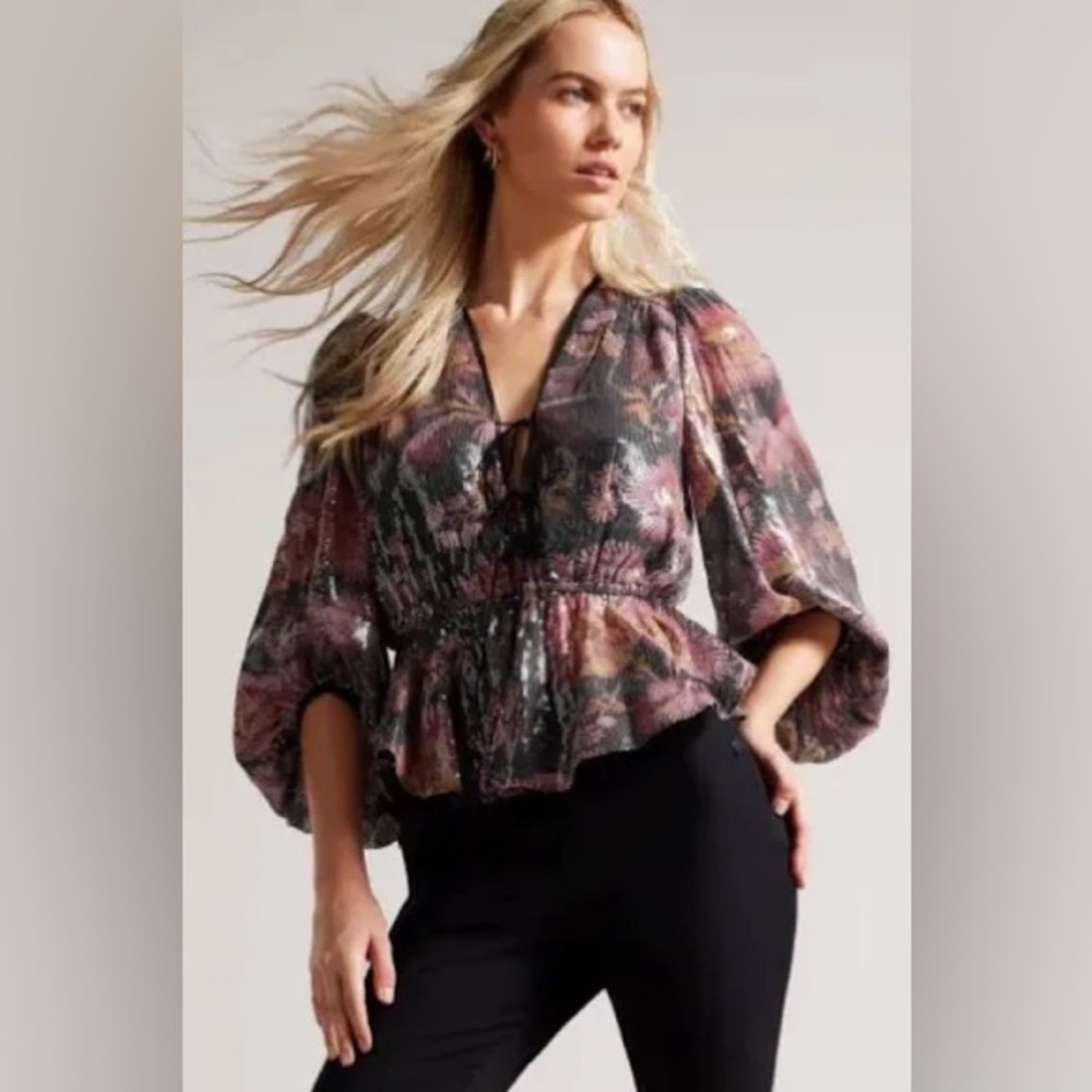 Ted Baker Juudie Black/Purple Floral Sequin Bishop Sleeve Tie Front Top Size 0 - Picture 1 of 4